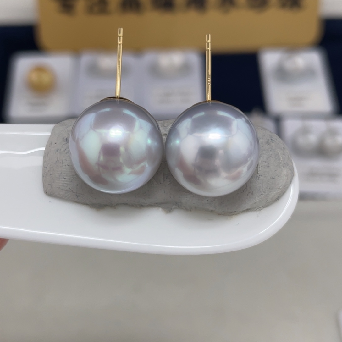 海水珍珠14.8澳白银蓝素钉宝石光正圆18K金镶嵌