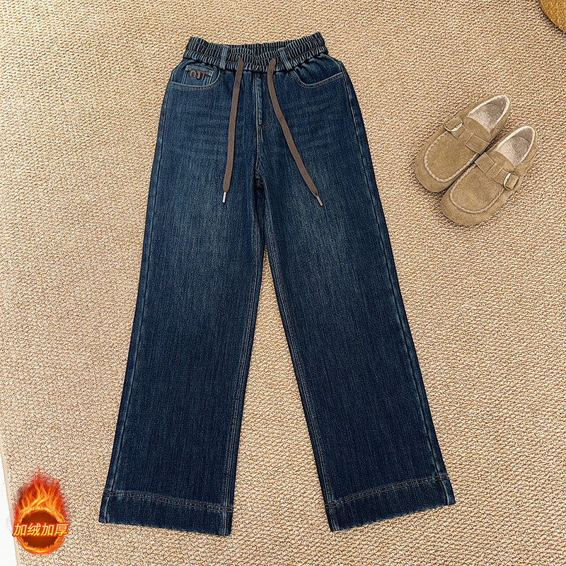 【萍姐推荐】2025冬季抽绳复古加厚绒牛仔裤松紧腰弹力加厚直筒裤女