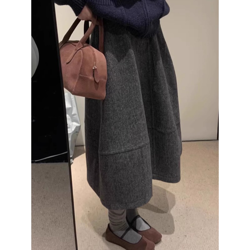 深灰色毛呢半身裙女韩系秋季新款a字伞裙中长款蓬蓬泡泡花苞裙子