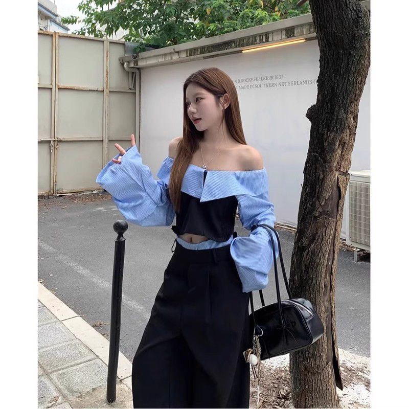 【2525】设计感休闲高腰拼接西装裤长裤