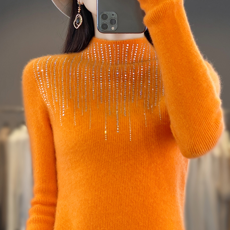 美美的~秋冬新款一线成衣抽条烫钻羊毛衫女百搭毛衣