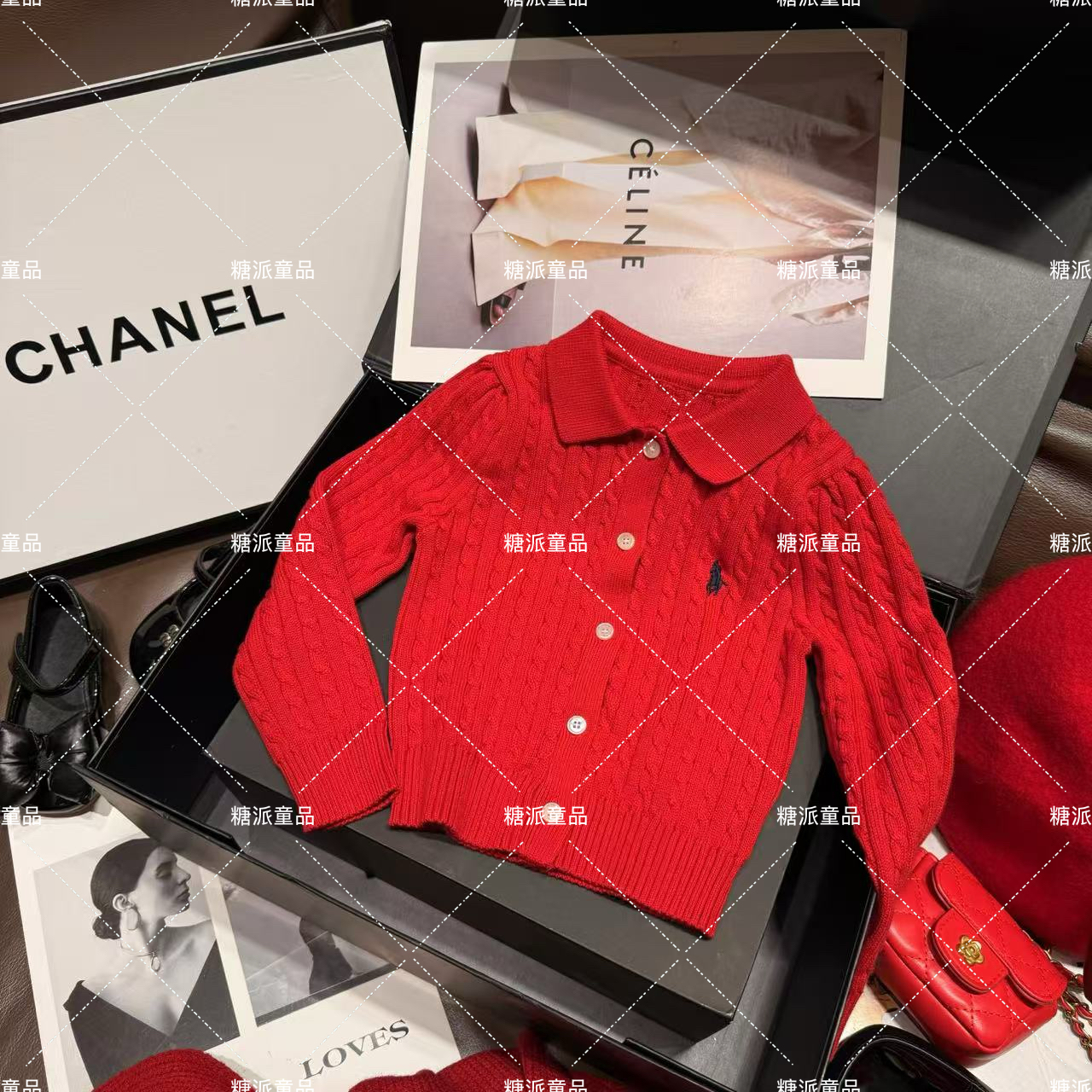 1810高品质刺绣棒针麻花年款红色开衫polo毛衣