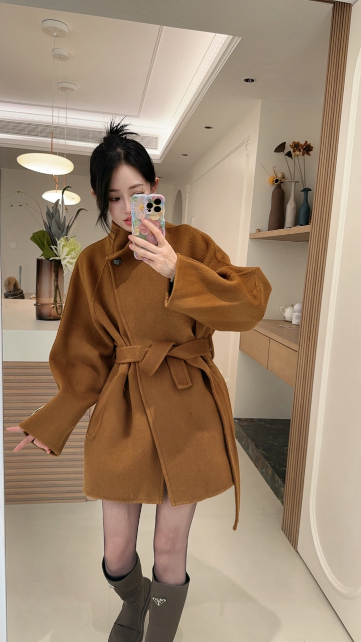 秋冬时尚中长款双面羊毛大衣韩系英伦风系带款气质毛呢外套2502