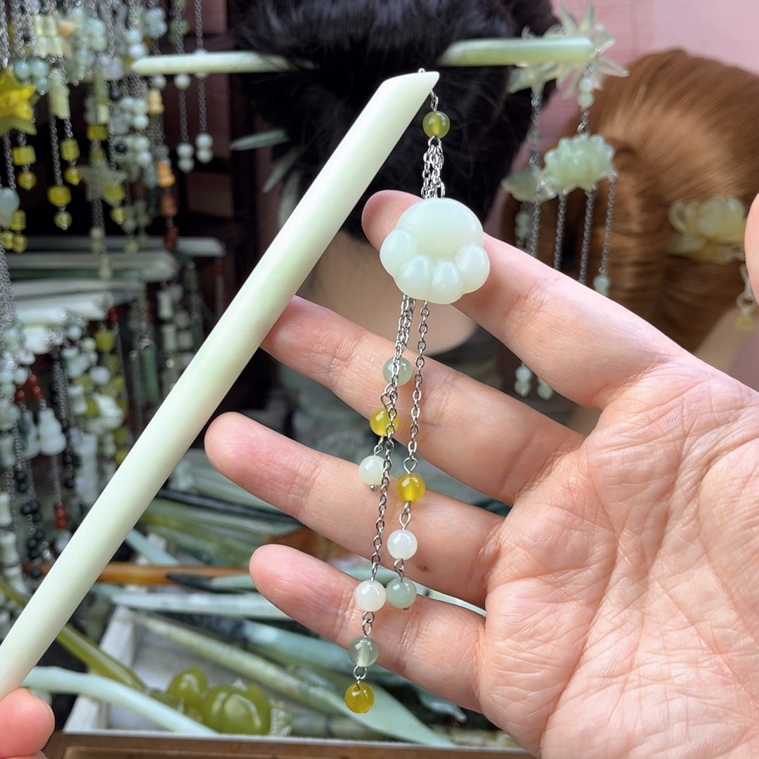 蛇纹石玉发饰未镶嵌长度19厘米左右