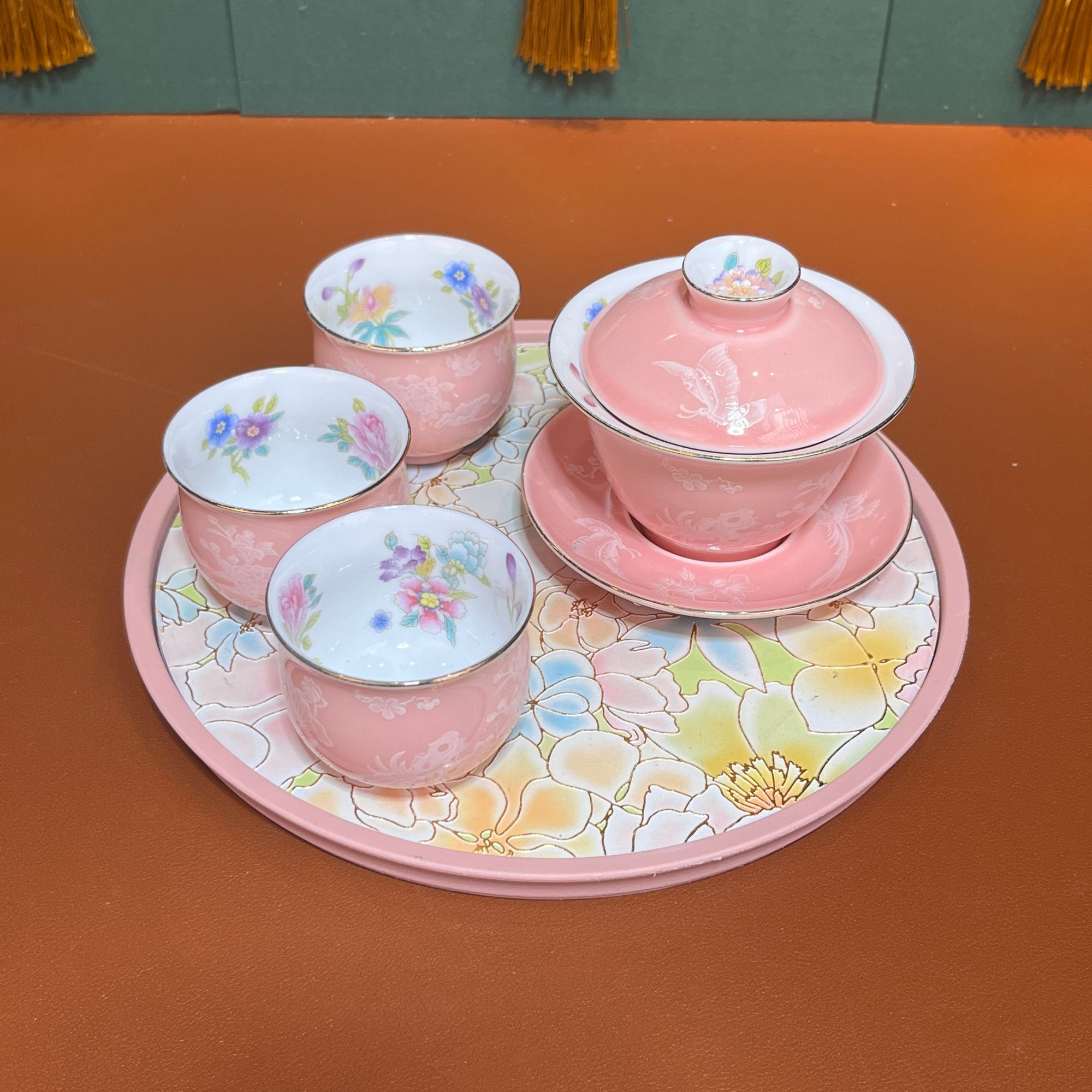 ZH3789-锦上添花盖碗（粉色）+三个客杯+锦上添花掐金丝吸水茶盘