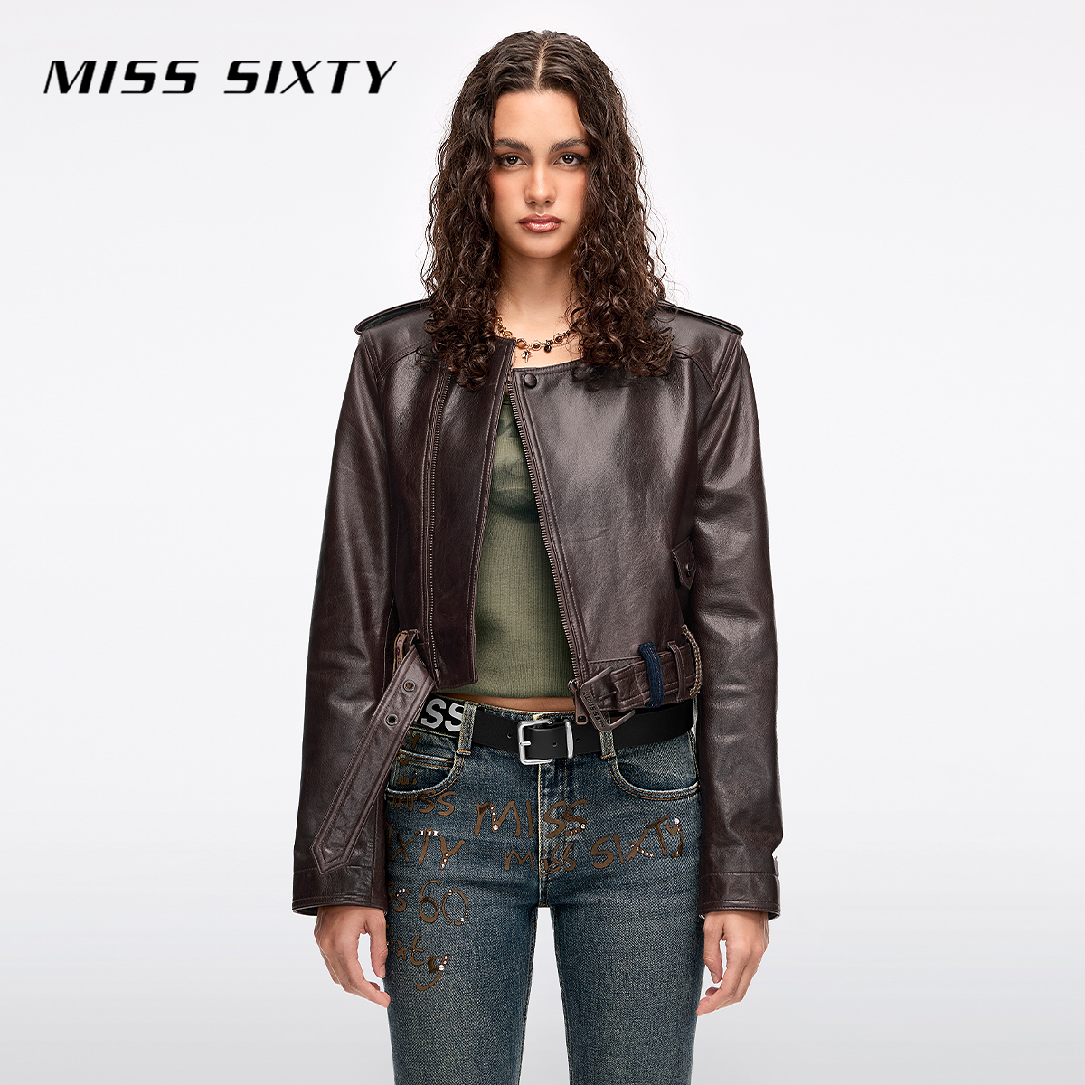 Miss Sixty2025秋季新款真皮外套女配腰带羊皮革多耳仔复古机车风