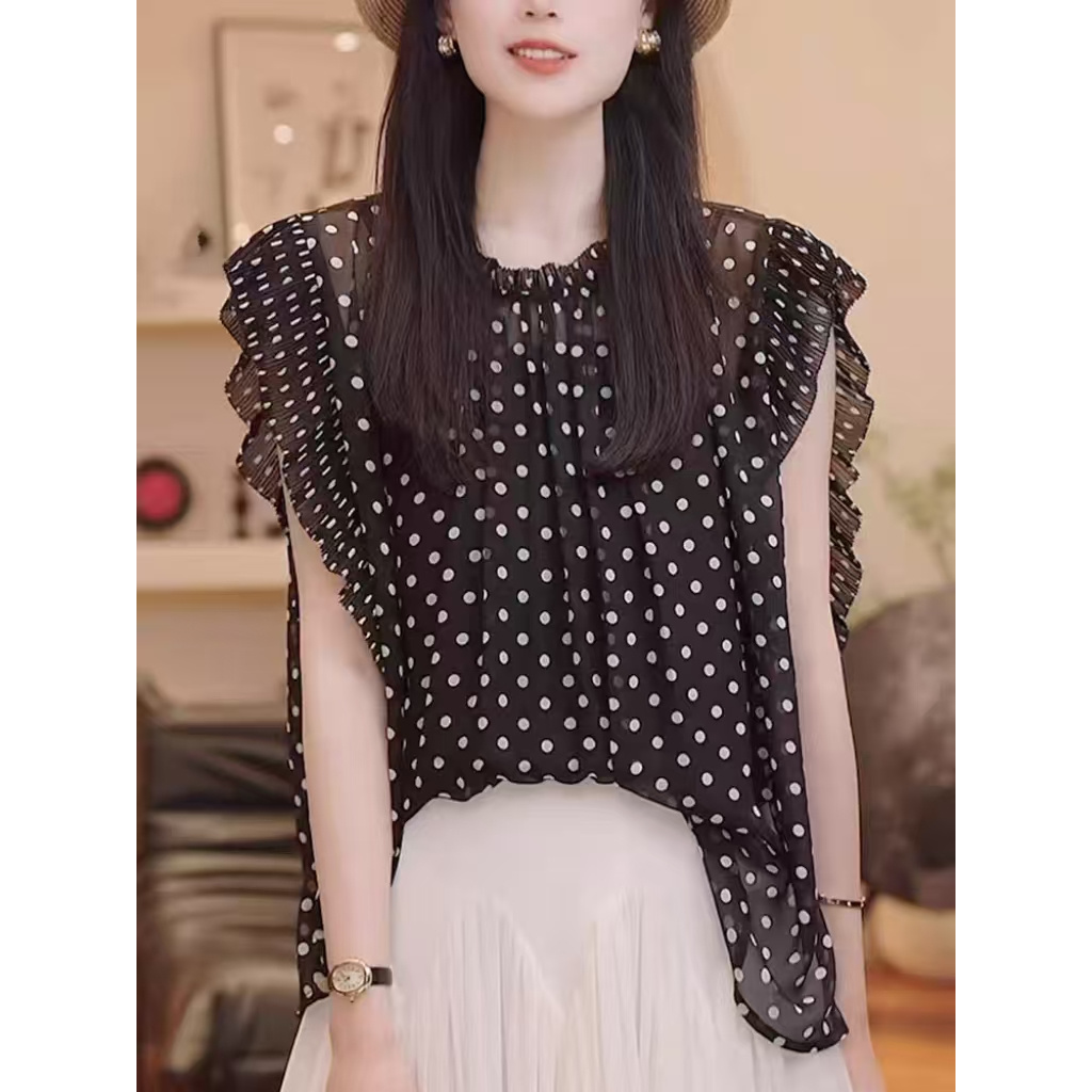 波点蕾丝透气无袖衬衫2025夏新款韩版宽松洋气设计上衣衬衣潮7208