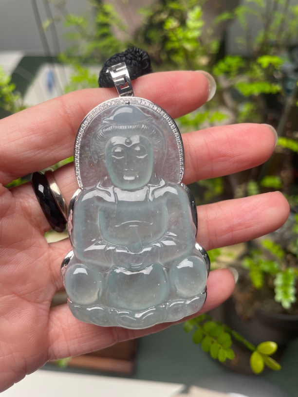 天然缅甸翡翠A货18K金包镶冰蓝胶正装观音吊坠大师工艺