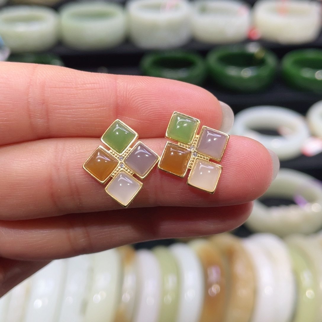 银S925镶嵌和田玉耳饰