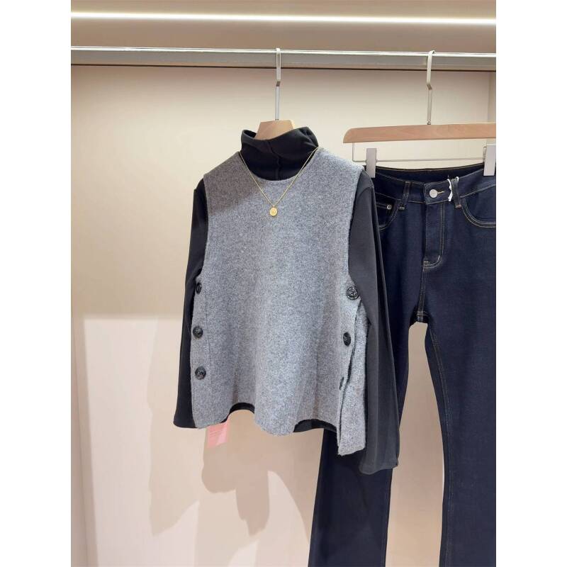 叠搭神器！两侧纽扣设计针织马甲背心女