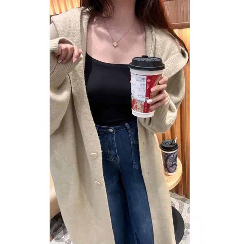 原版韩系慵懒风连帽长款过膝针织开衫女秋冬加厚宽松显瘦外套大衣