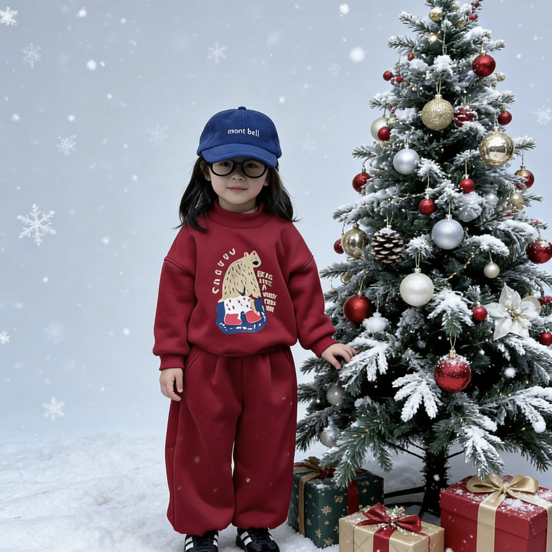 男童加绒加厚套装印花运动卫衣女宝宝洋气休闲两件套潮款红色拜年