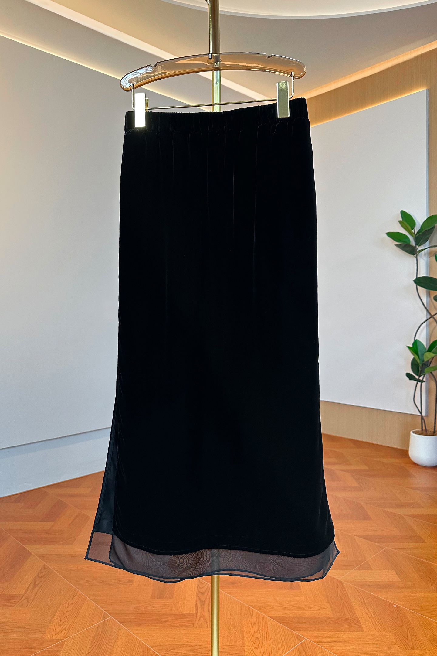 100%桑蚕丝真丝丝绒半身裙子百搭复古黑色显瘦开叉中长款直筒微胖