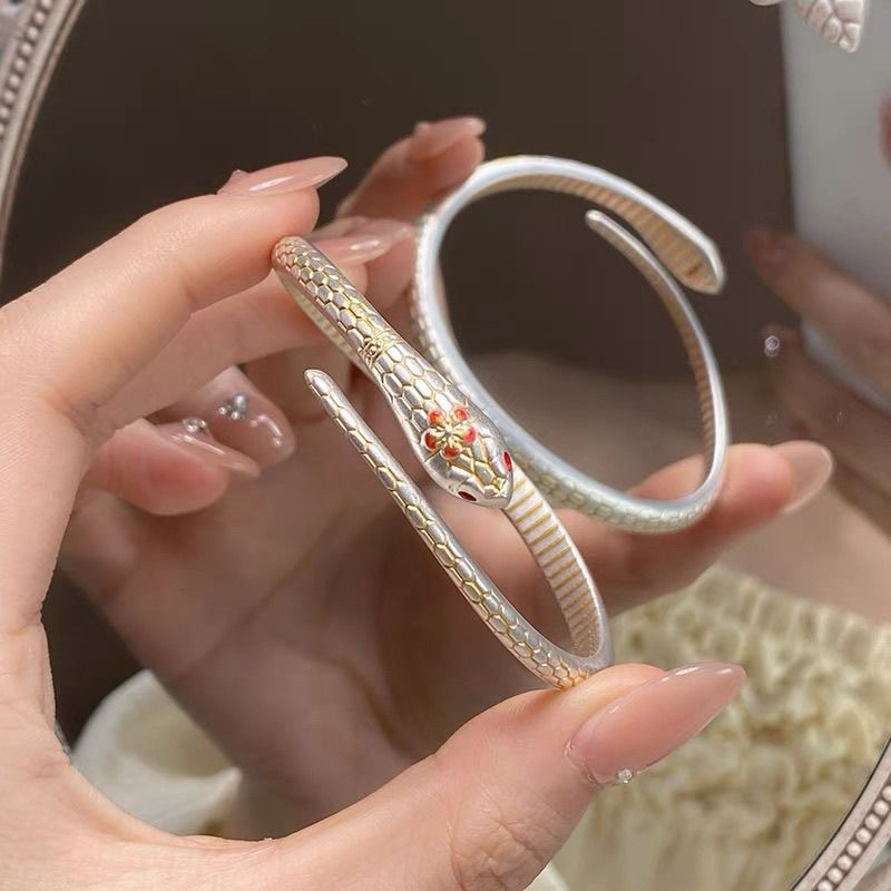 足银珐琅手镯 桃花灵蛇银手镯女999纯银珐琅彩镯子送女友七夕礼物