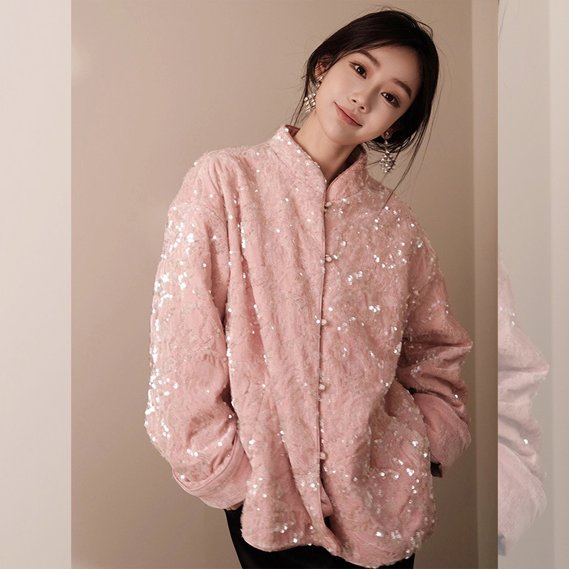 2024中国风女装年轻版唐装新中式粉色重工亮片立领盘扣女春秋薄款