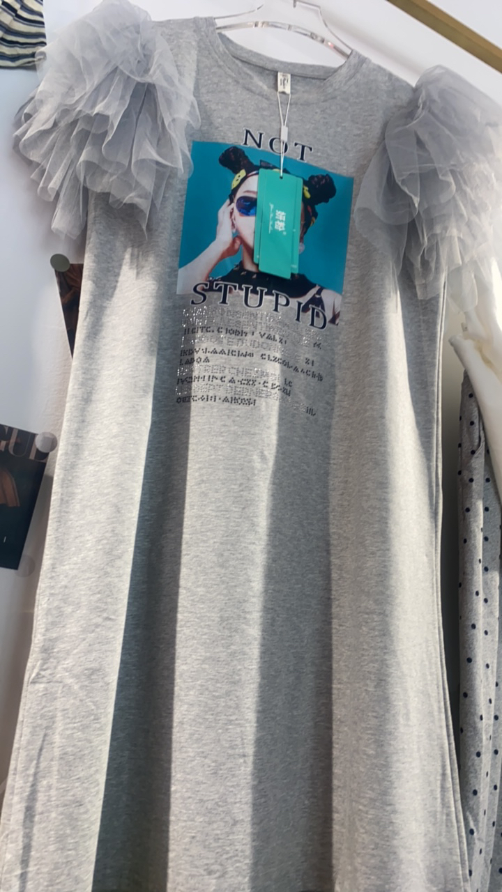 染色潮流印花百搭宽松短袖中长款长款T恤拼接圆领灰色