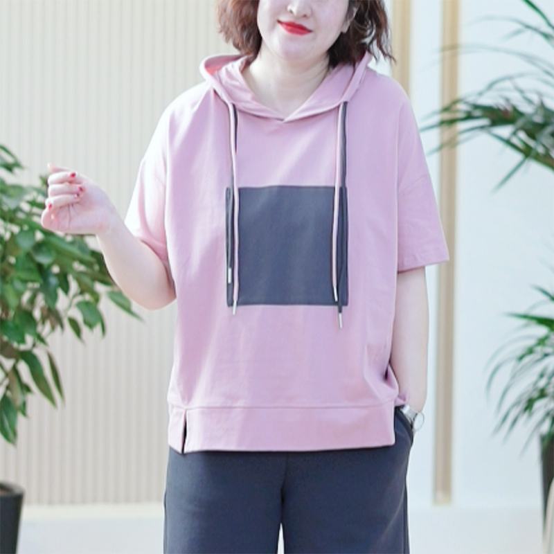 糖果色连帽双抽绳撞色百搭显瘦夏T恤女时尚休闲简约减龄上衣潮
