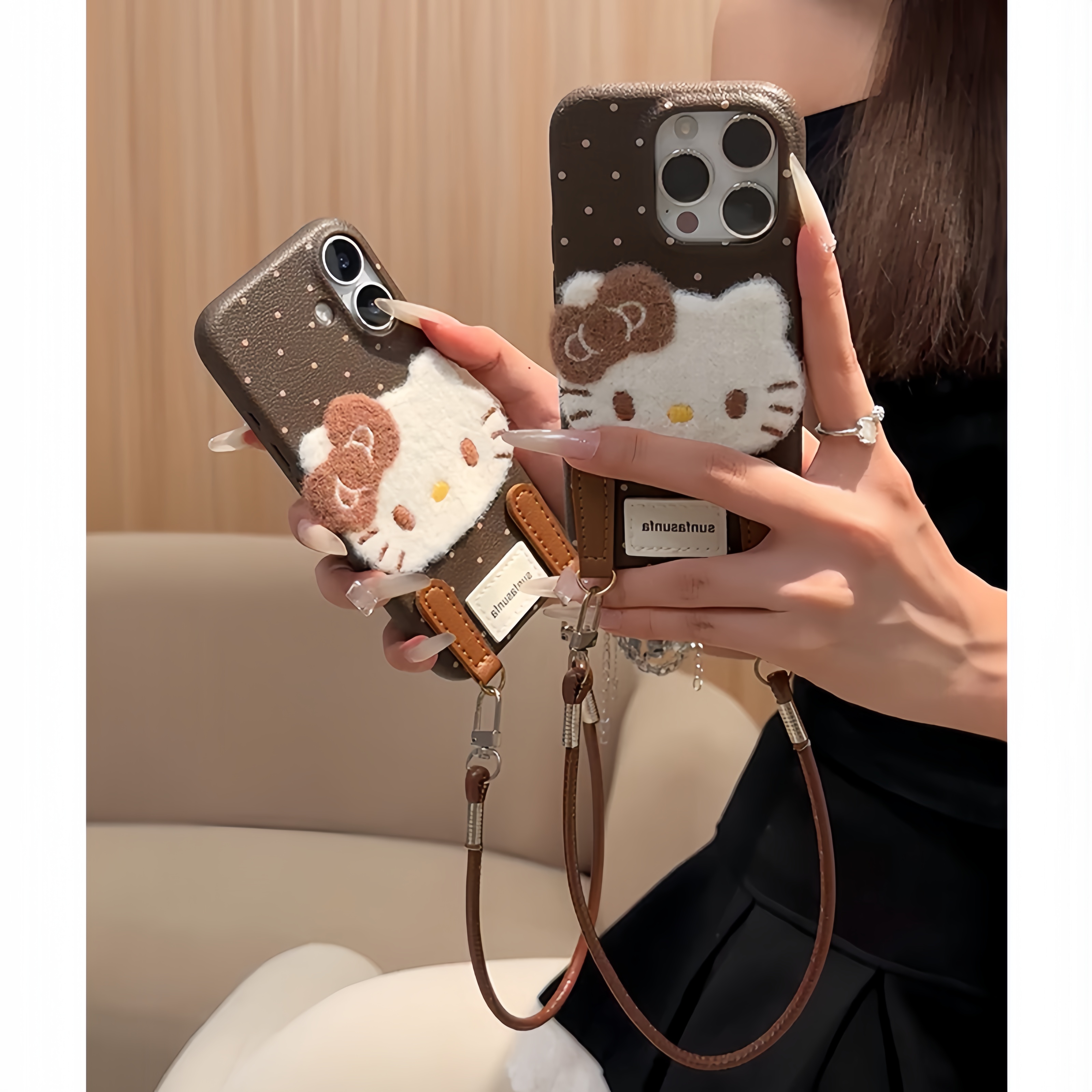 复古棕波点kitty猫挂绳适用苹果17手机壳iPhone13女15PRO16秋冬14