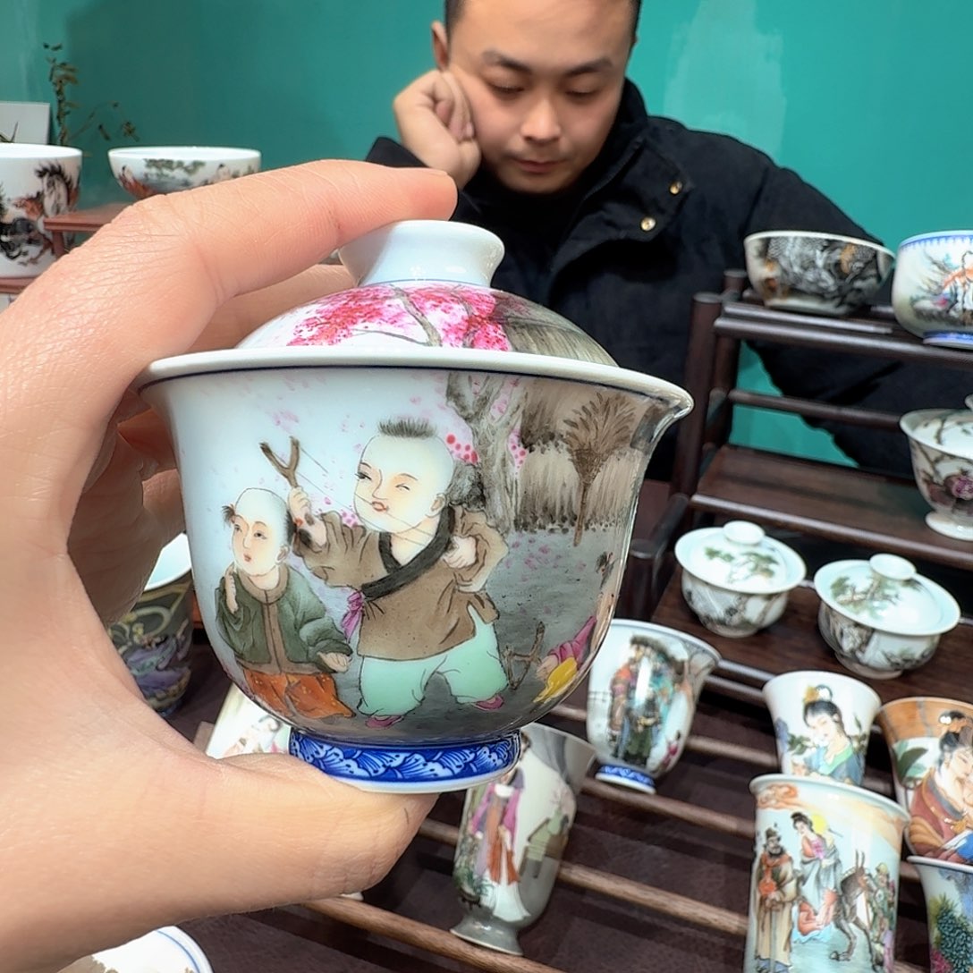 摆件瓷童子盖碗景德镇手工艺品