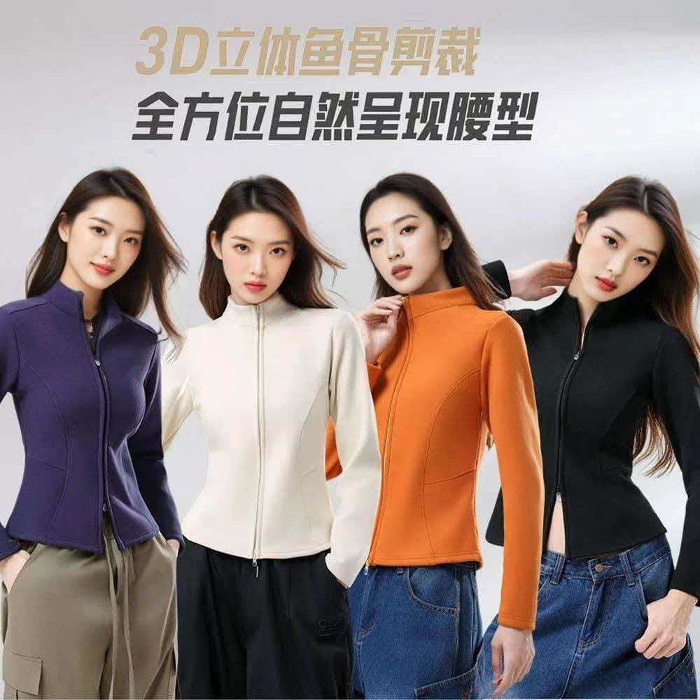  秋冬新款修身瑜伽立领外套双拉链上衣长袖石墨烯小蛮腰无帽外套