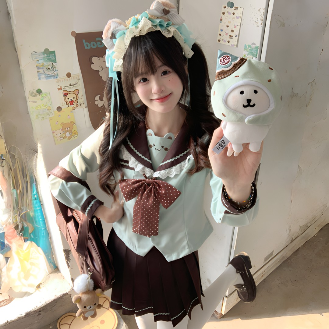 糖果物语原创【薄荷熊咖】水手服JK日系咖色甜美收腰中间服长袖套装