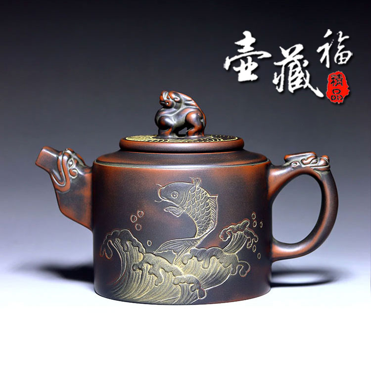 新款钦州坭兴陶茶壶茶具纯手工卢纪祖大师雕刻浮雕精品中式复古风