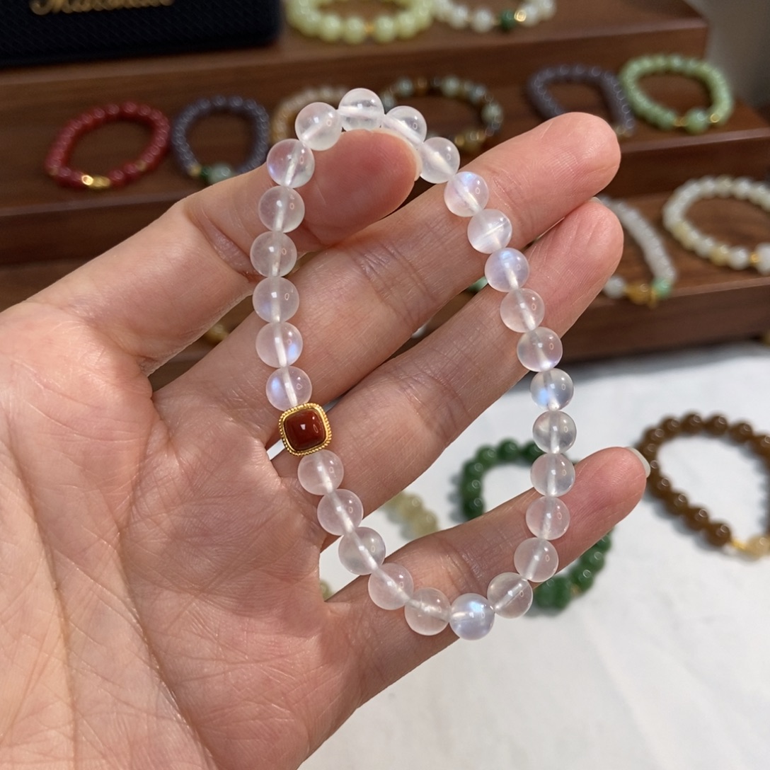 长石银S925镶嵌手链6mm月光石福利