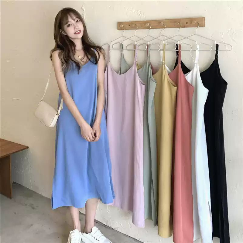 胖mm夏装韩版中长款吊带连衣裙子女装2025年新款气质大码黑色长裙