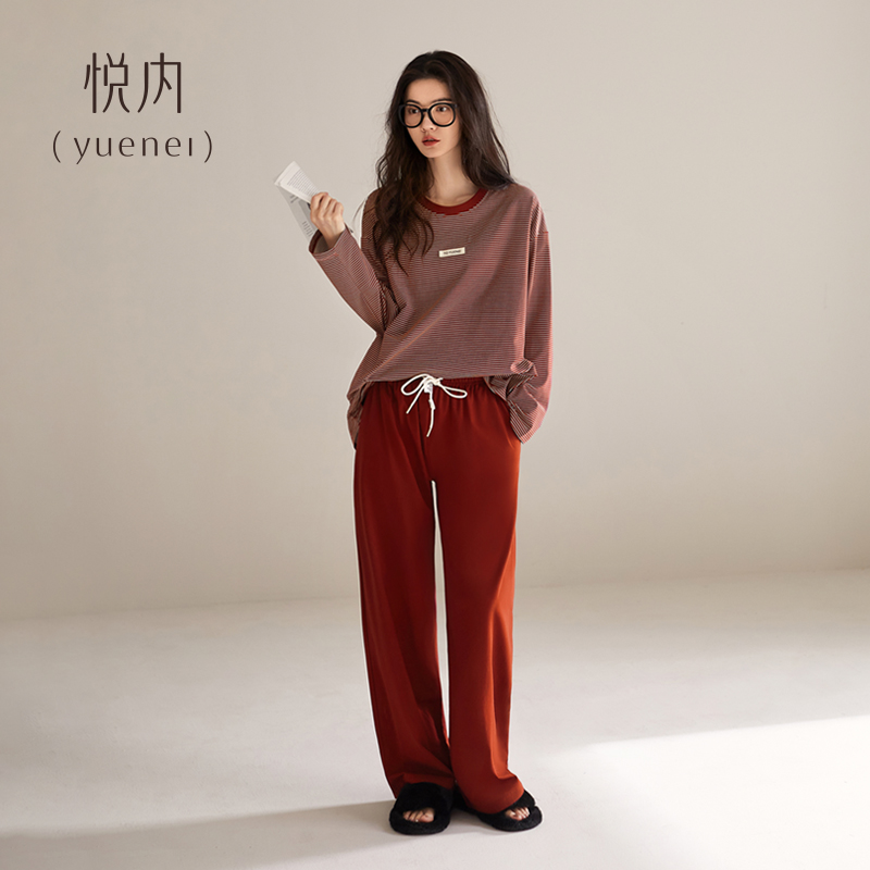 悦内带胸垫睡衣女款春秋季秋天纯棉长袖家居服休闲运动显白莓红色
