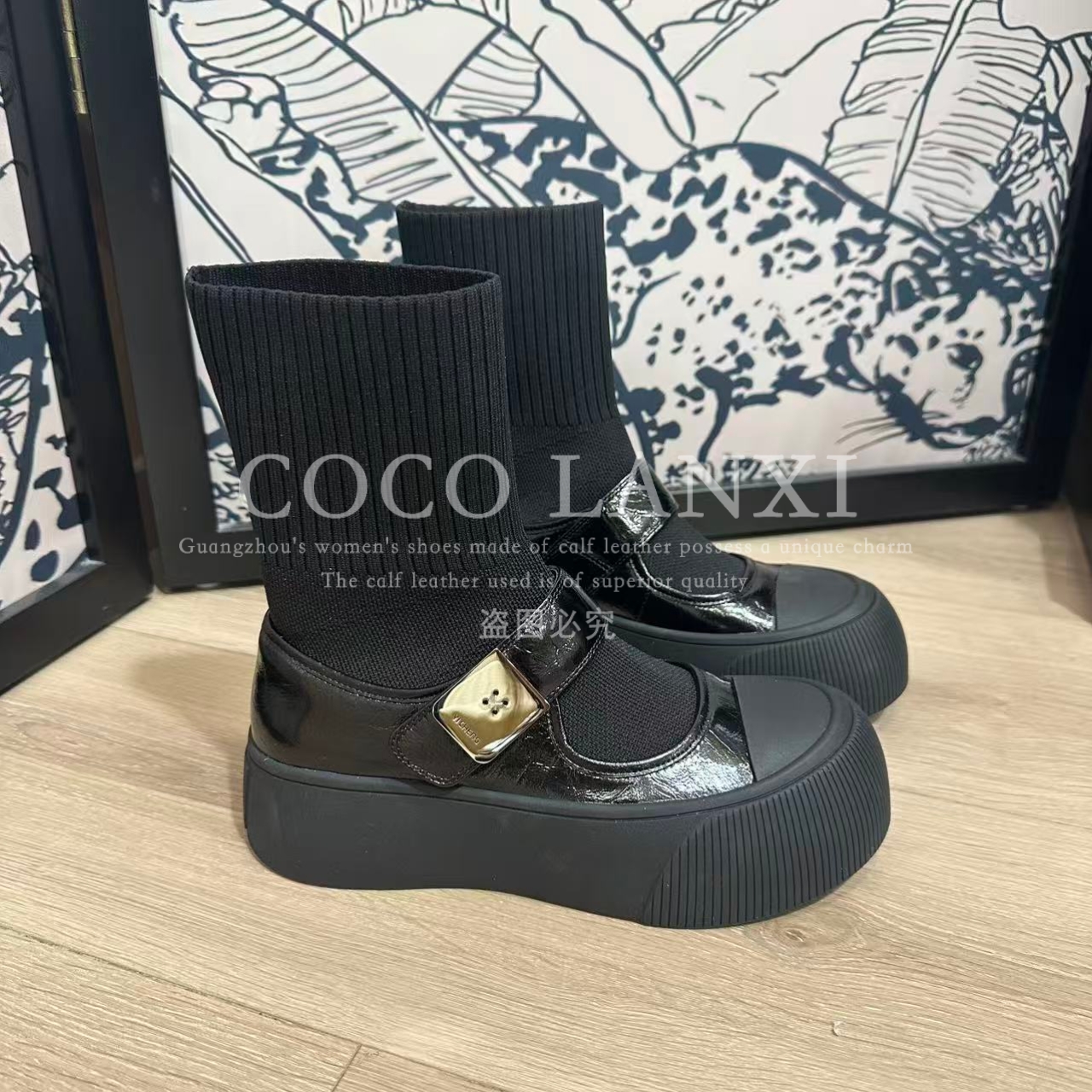 【若家】编织真皮方头时尚显瘦英伦风厚底松糕底瘦瘦靴25XZ569LX
