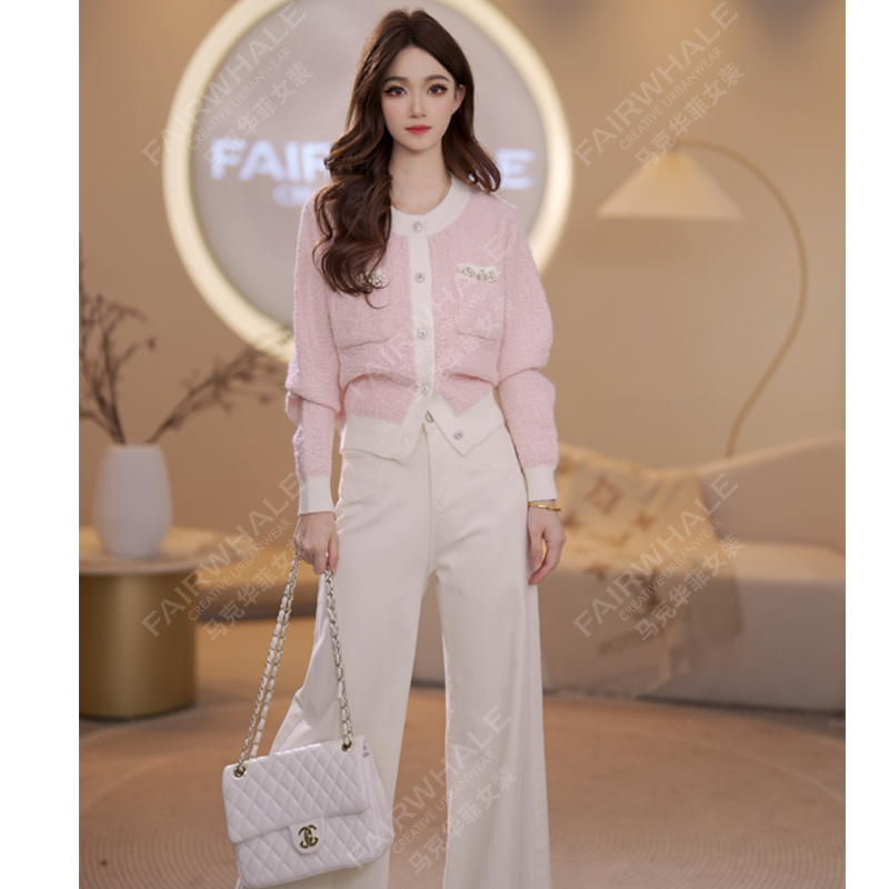 马克华菲女装2025秋季圆领拼色减龄软糯小衫长袖气质针织衫上衣 V