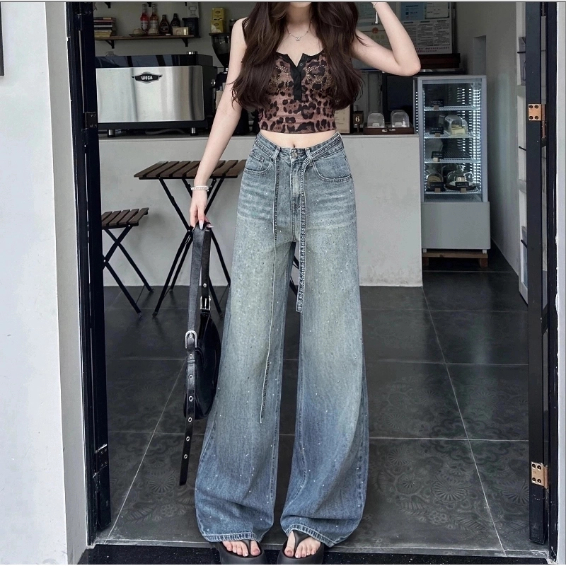 【运费险+腰带】渐变色满天星烫钻夏季薄款宽松阔腿牛仔裤