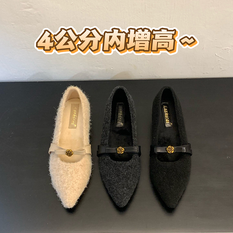 尖头内增高山茶花玛丽珍鞋秋冬新款加绒保暖单鞋女气质