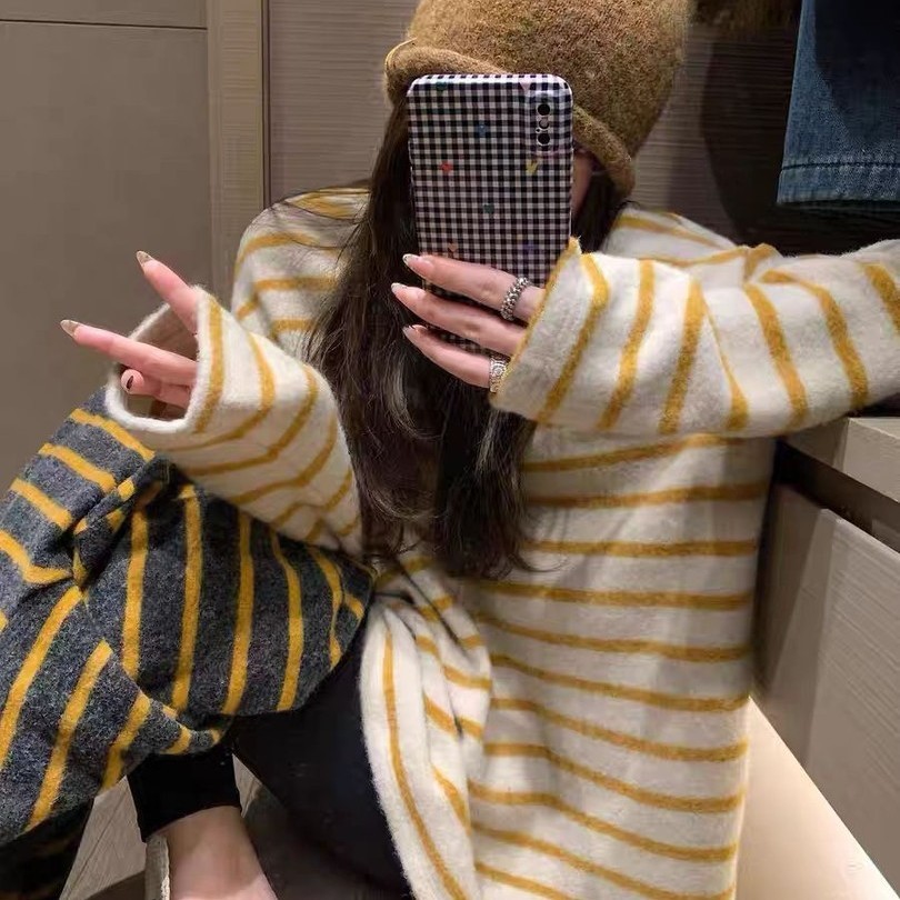 松弛感条纹长袖磨毛内搭秋冬新款打底衫加厚软糯t恤慵懒风上衣服