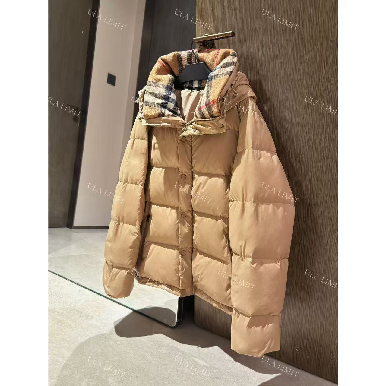 25ss人气王！新款经典毛呢格纹连帽外套 可拆卸袖子保暖面包羽绒服