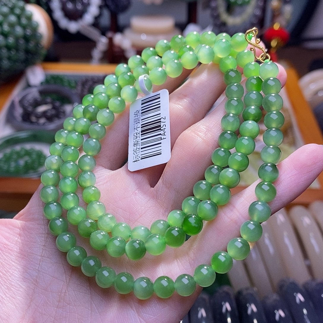 和田玉未镶嵌碧玉金镶绿猫眼项链6MM静**夜