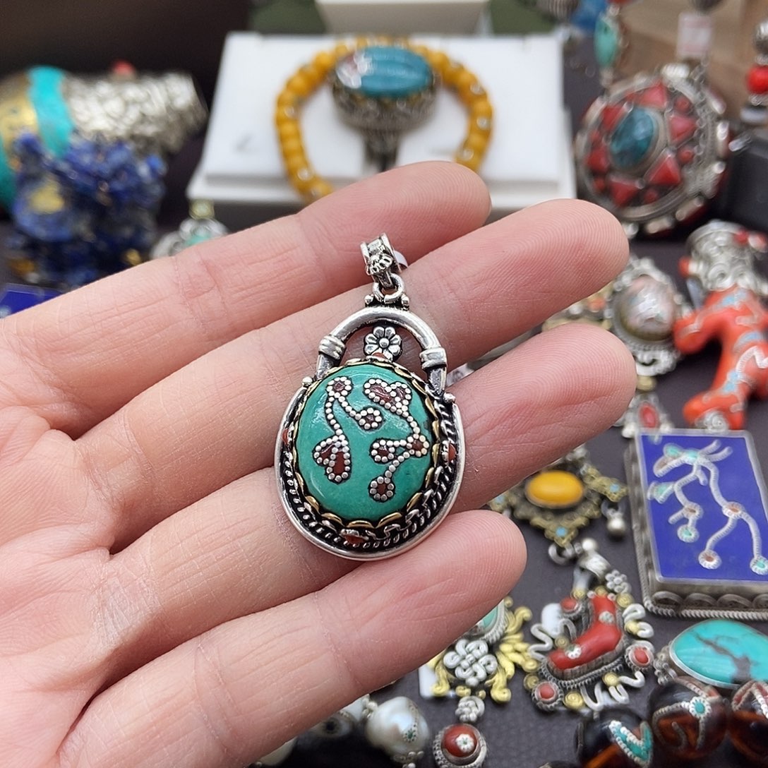 绿松石银S925镶嵌颈饰坤尼泊尔手工制作