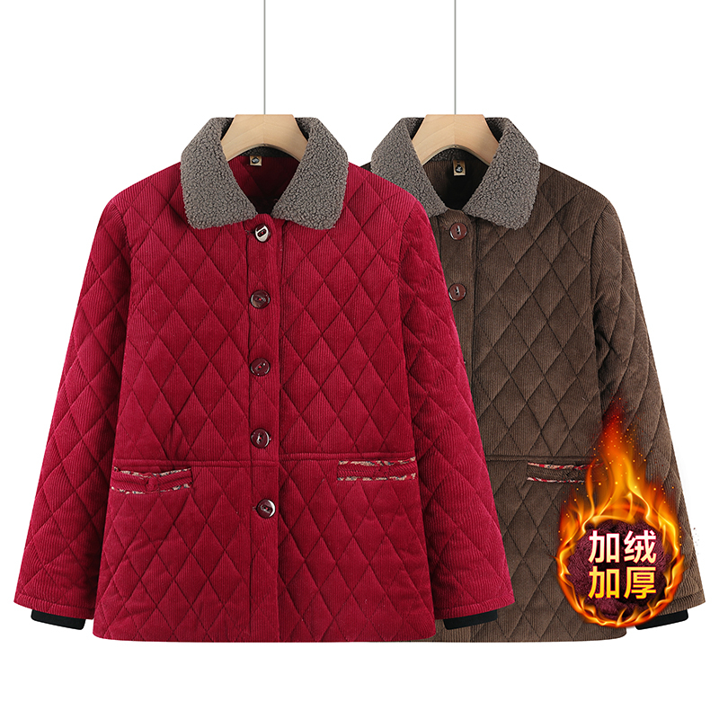 大码中老年妈妈冬装加绒棉袄宽松洋气加厚保暖时尚灯芯绒棉衣外套
