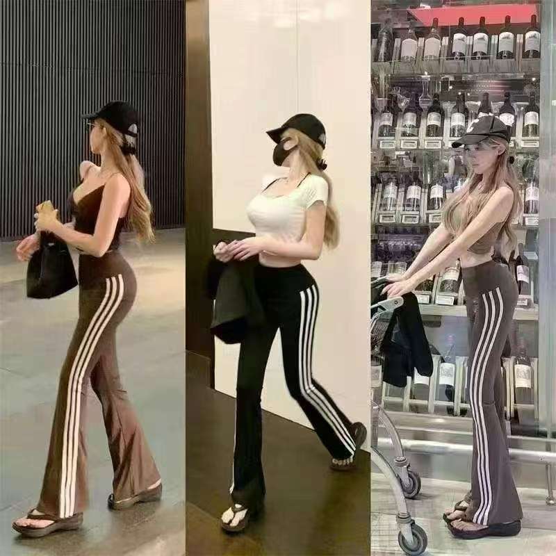 AL SHOP【黑白配】韩系高腰垂感显瘦夏季休闲三杠喇叭裤