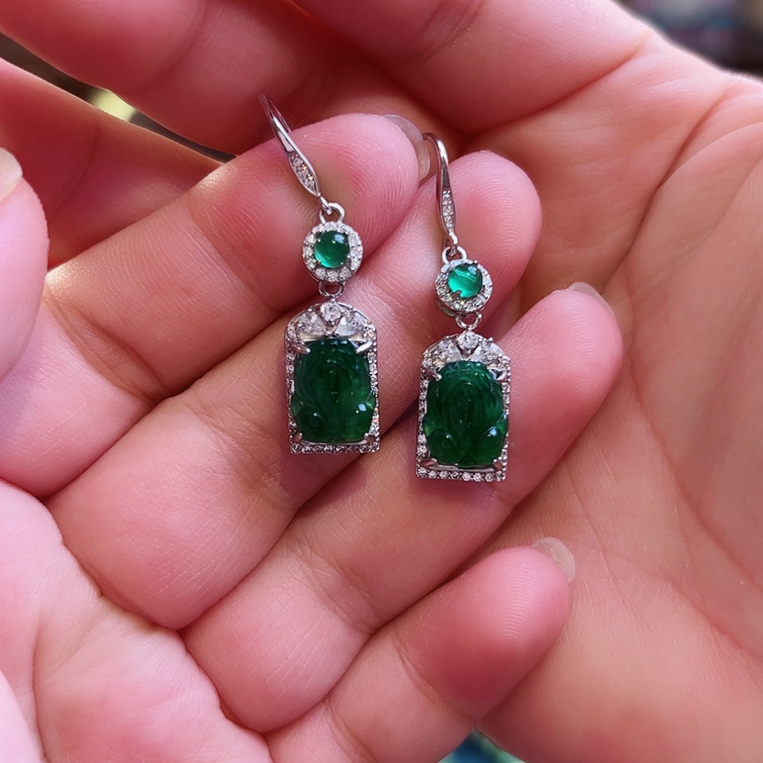 翡翠耳饰银S925镶嵌古风