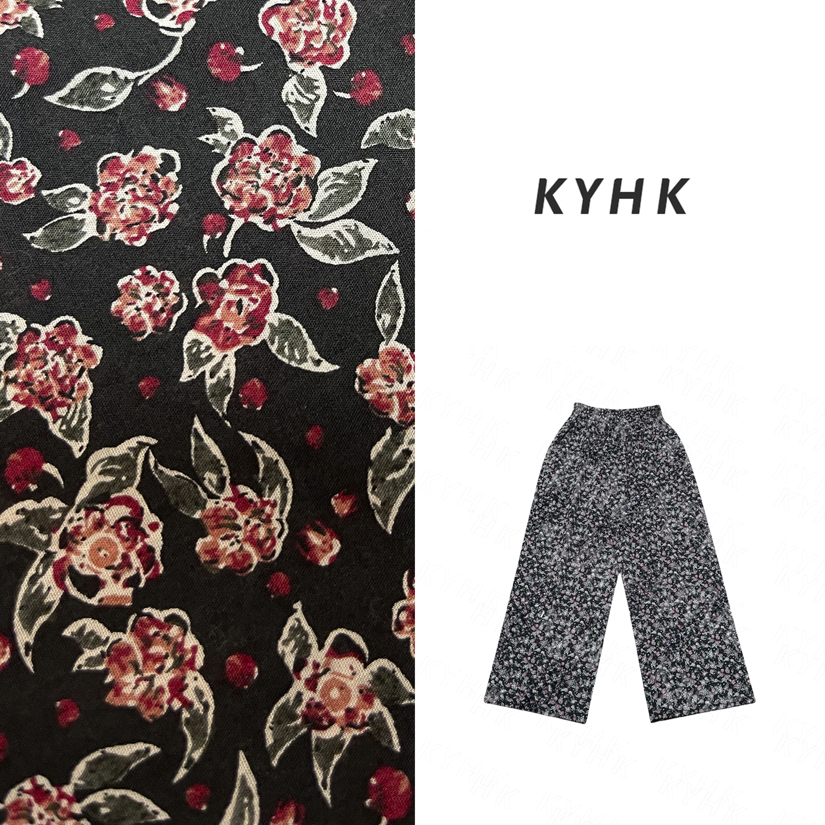 KYHK复古休闲黑底红花花松紧腰直筒阔腿裤女250422