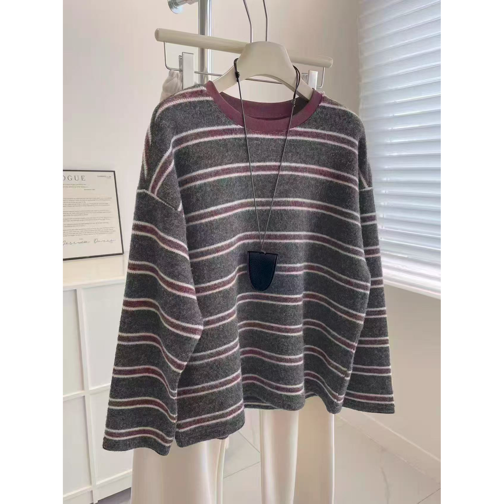 仿兔绒~显白撞色条纹长袖针织衫女秋冬慵懒宽松显瘦圆领卫衣25133