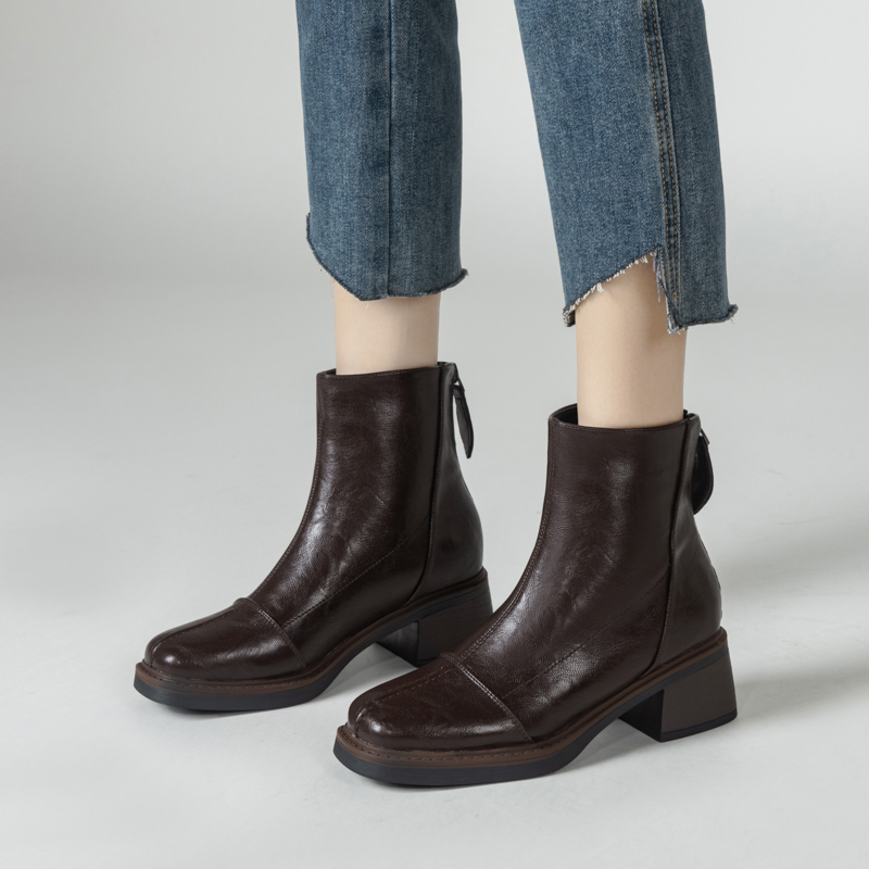 2025新款秋冬真皮靴子冬季切尔西女鞋高跟鞋子加绒短靴女靴复古