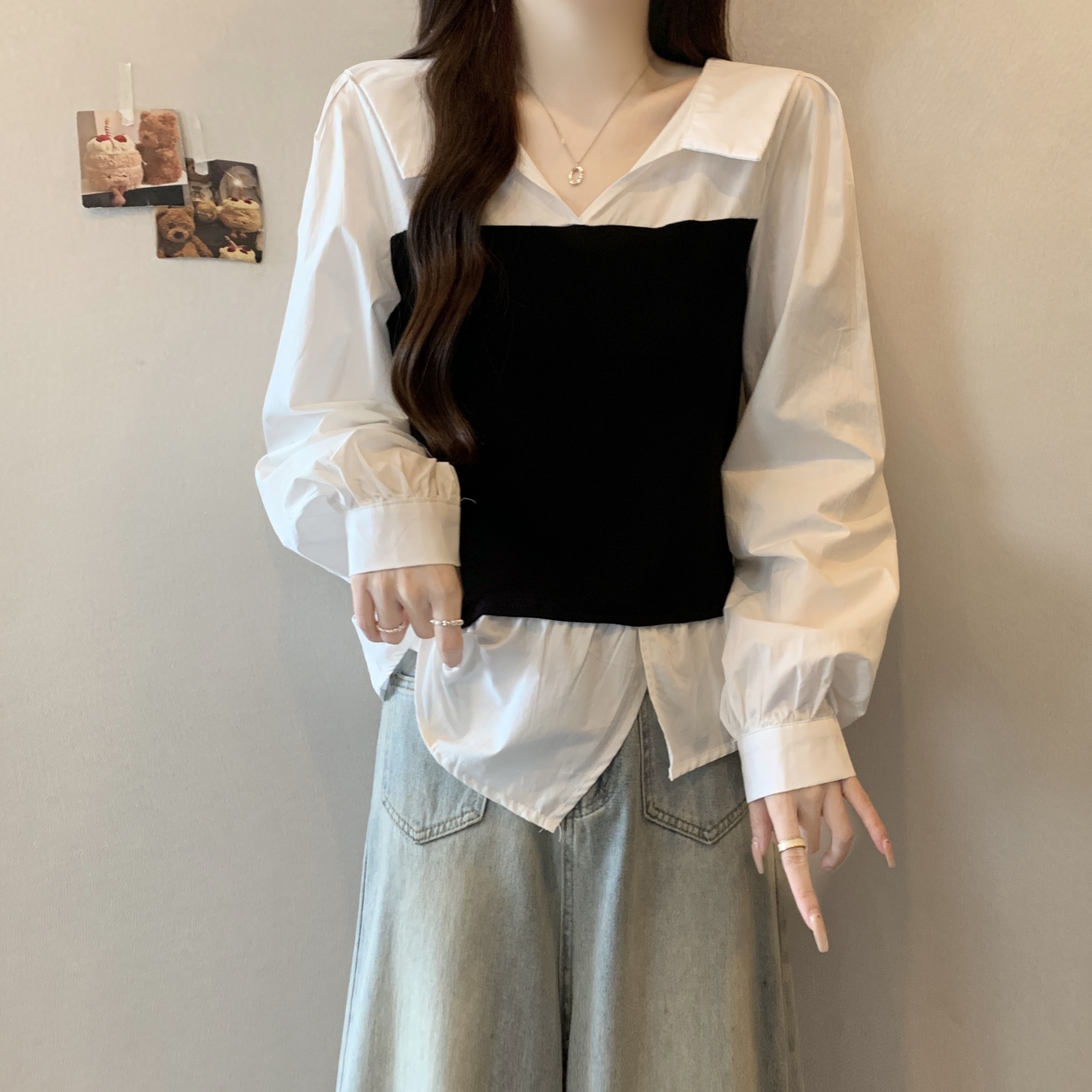 巨显瘦大码女装设计感假两件拼接长袖衬衫秋韩系气质显瘦遮肚上衣