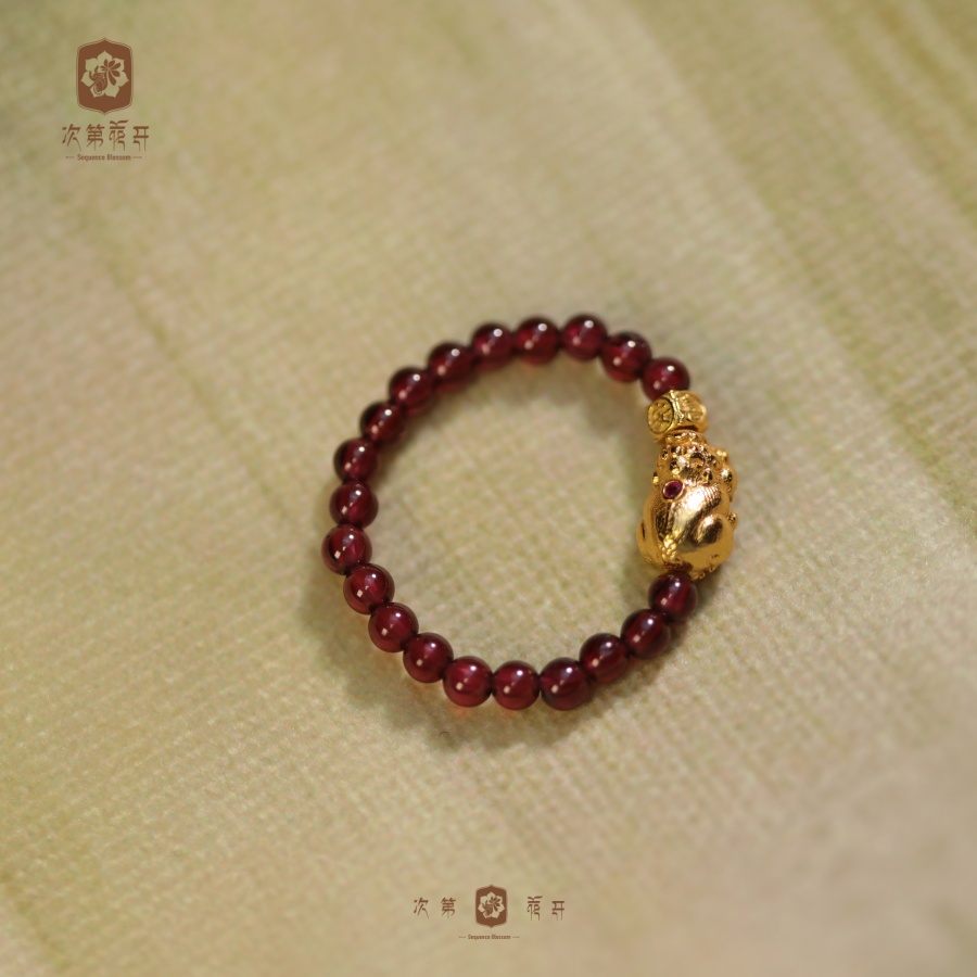 【赤富】3mm石榴石 貔貅戒指 银配 MZ