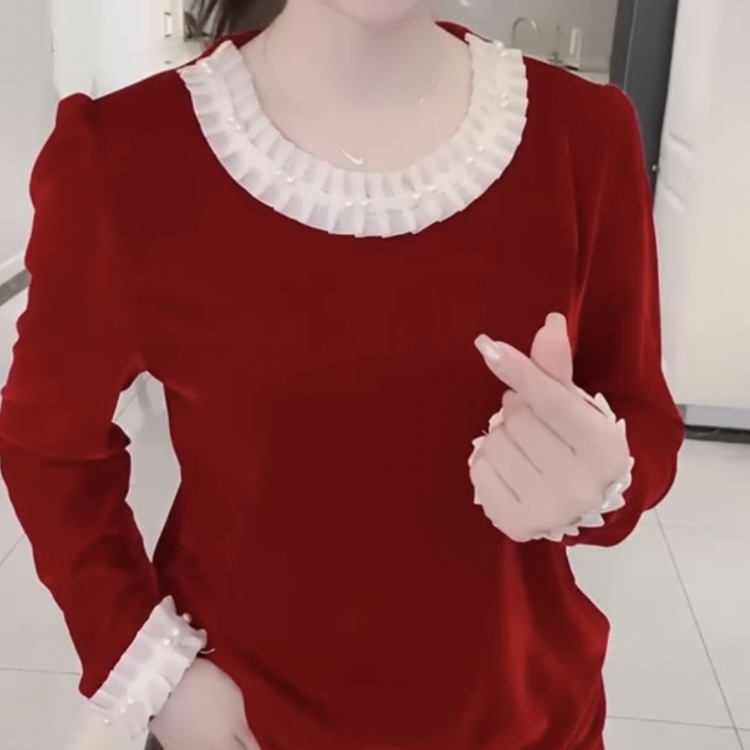 法式小众百搭显瘦花边丝绒长袖衬衫新款上衣