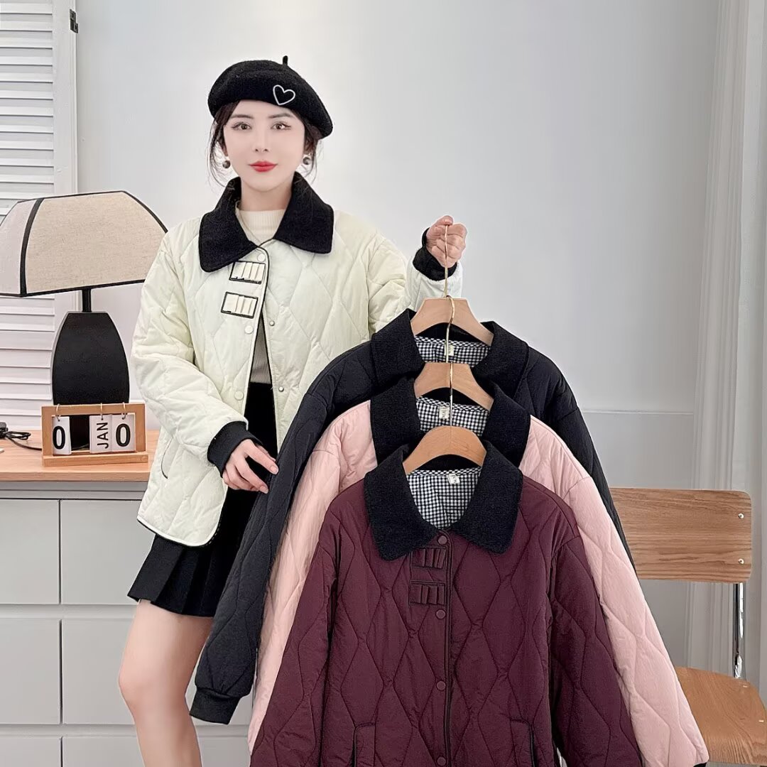 JUN081拼色翻领菱格绗线时尚棉服大码女装防风袖口保暖棉衣外套冬