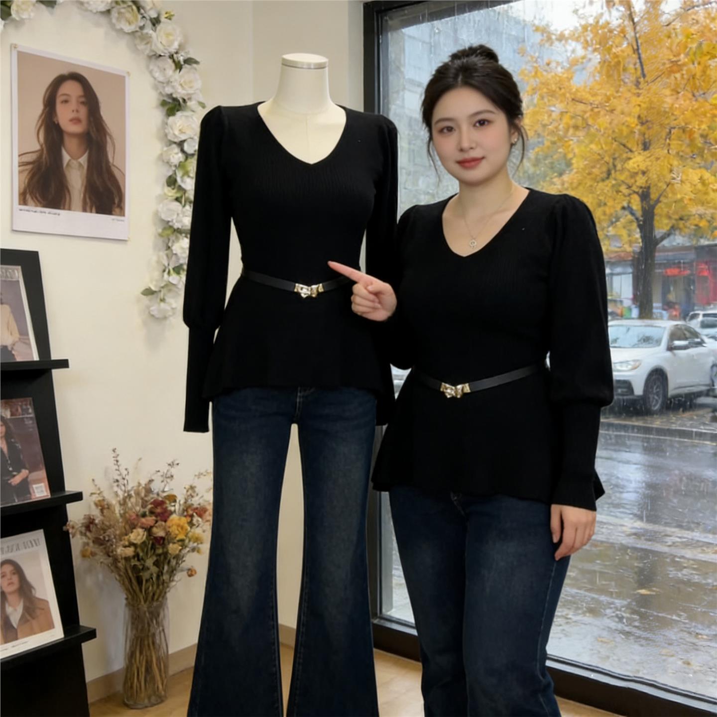 大码设计感灯笼袖v领针织衫女秋冬胖mm巨显瘦独特收腰打底衫上衣