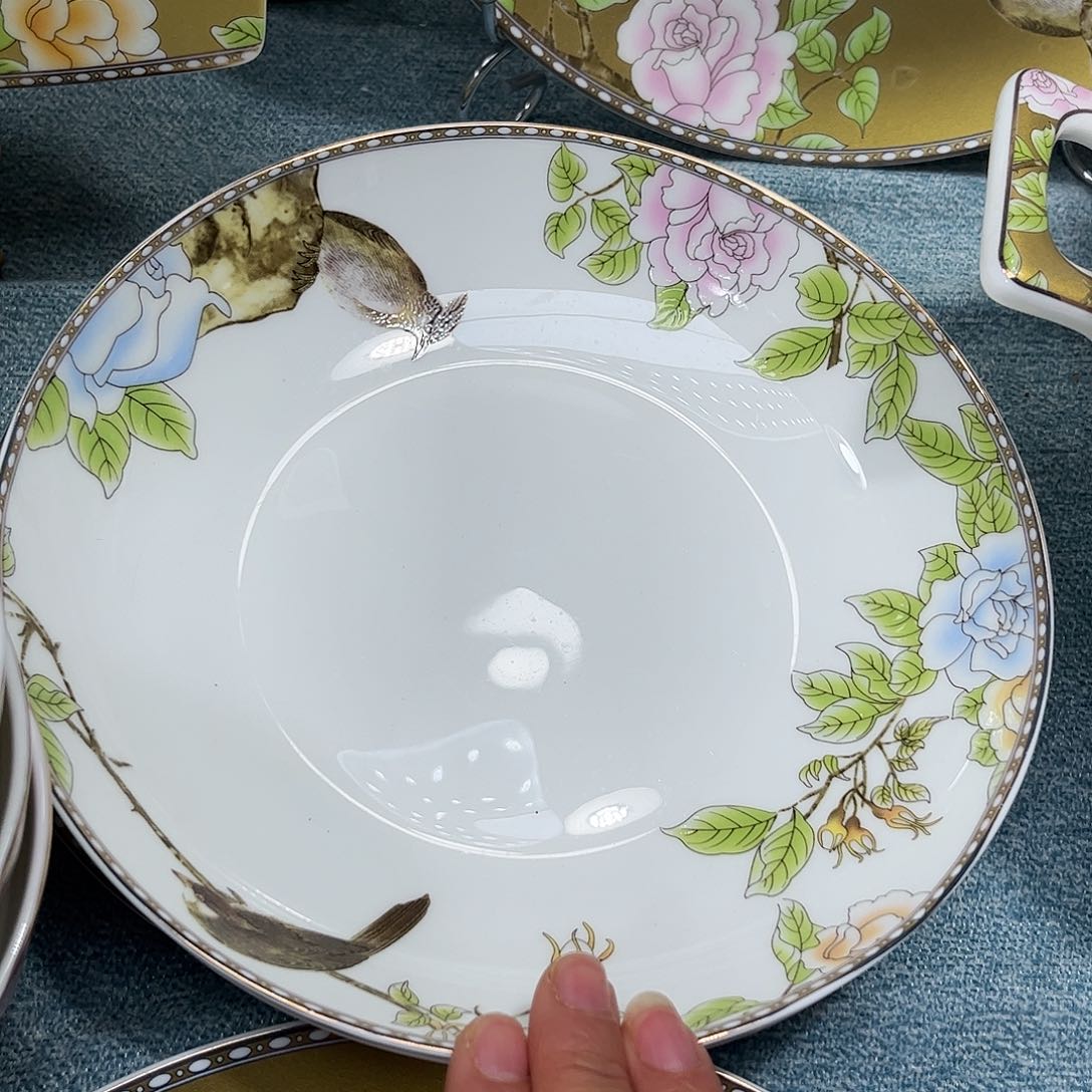 瓷片琴瑟和鸣八寸深盘四个微瑕