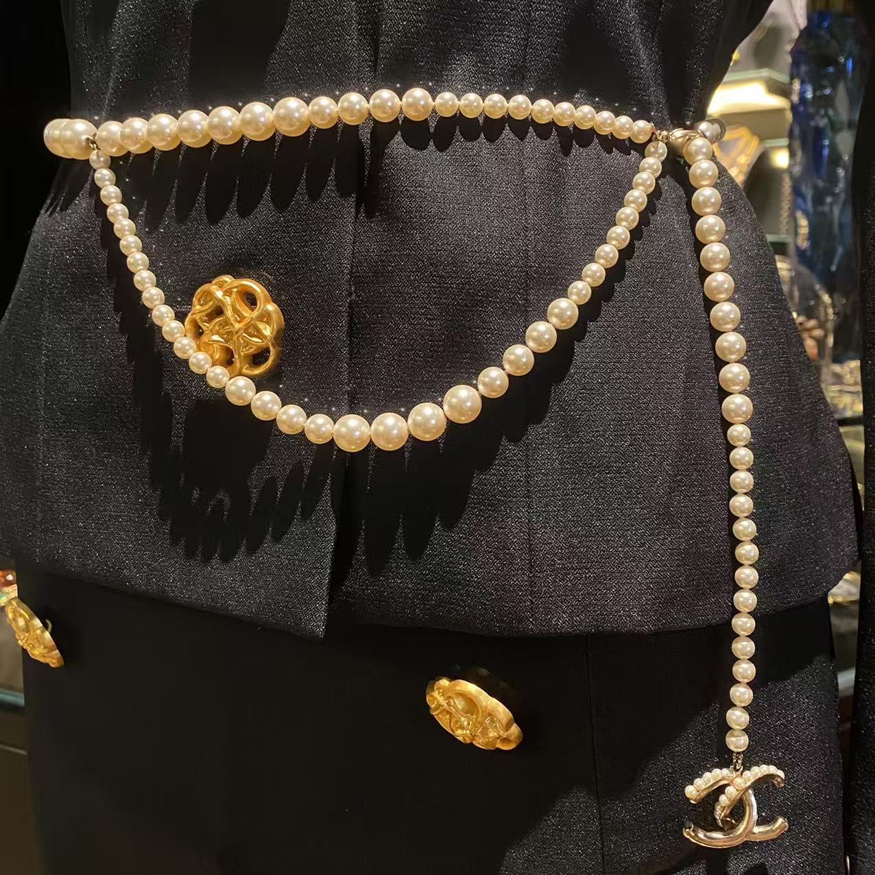 95新 Chanel/香奈儿 中古珍珠双C吊坠腰链/MJ51218